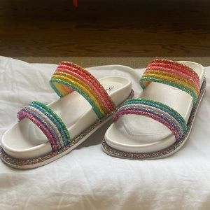 🌈Sparkly Rainbow strapped slides with white soles🌈